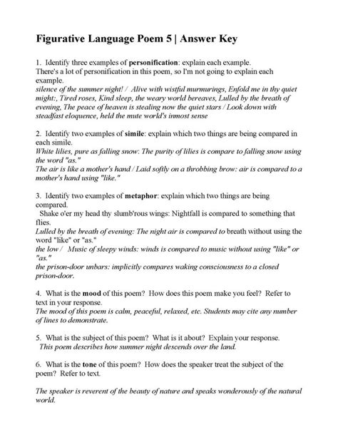 Night Figurative Language Worksheet Key 1 13 Language Worksheets