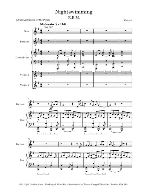 Nightswimming sheet music for Piano, Voice, Oboe, Strings download free