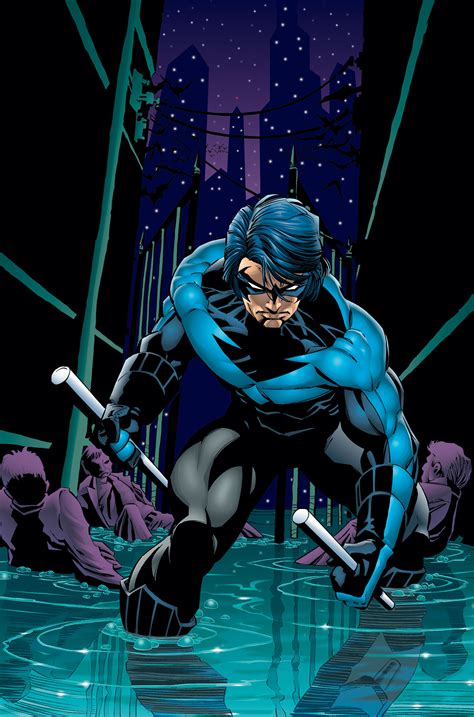 Nightwing comics. Dick Grayson is the adopted son of Bruce Wayne, better known as the vigilante Batman. Trained by the Dark Knight himself, Grayson eventually became Batman's sidekick, the first Robin. After Grayson outgrew his role as Batman's sidekick, he graduated to the role of Nightwing, donning a new costume, and, later, temporarily worked as Batman himself. … 