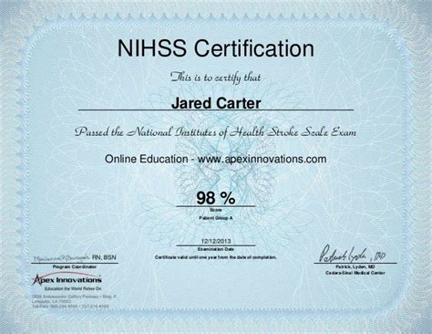 The NIH Stroke Scale certification program trains participants toward administer the NIHSS utility correctly. The following is a list of a few healthcare professional groups that need the NIHSS certification. ... You can get your NIHSS certification for free online. However, your employer may contract are a continuing medical education (CME .... 