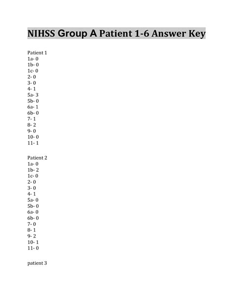 NIH Stroke Scale – All Test Groups A-F (patients 1-6) Answer k