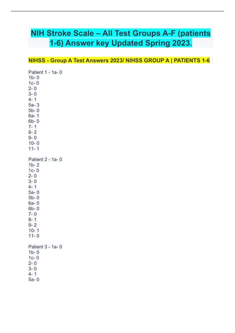 Nihss test group d answers 2023. 1a. 0 - alert. 1b. 0 - answers both correctly. 1c. 0 - performs both tasks correctly. 2. 2 - forced deviation total gaze not overcome by oculcephalic maneuver . 3. 0 - no visual loss. 4. 1 - minor paralysis. 5a. 0 - no drift. 5b. 0 - no drift. 6a. 1 - drifts, does not hit bed. 6b. 0 - no drift. 7. 1 - present in one limb. 