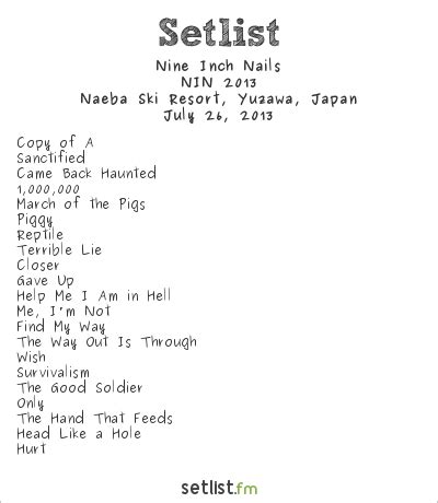 Nin setlist. Concert. Setlists. & Tour Dates. Artists with same name. Nine Inch Nails. Nine Inch Nails (mashup artist seed9 / Atticrent Reznoss) There are no setlists by Nine Inch Nails on setlist.fm yet. You could help us by adding a first setlist ... or whatever you remember! Add new setlist now. 