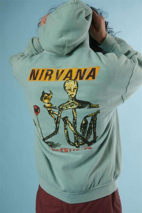 Nirvana Sliver Hoodie Sweatshirt ($59) liked on Polyvore featuring tops, hoodies, blue hooded sweatshirt, blue hoodie, urban outfitters hoodies, hoodie top and graphic tops . 
