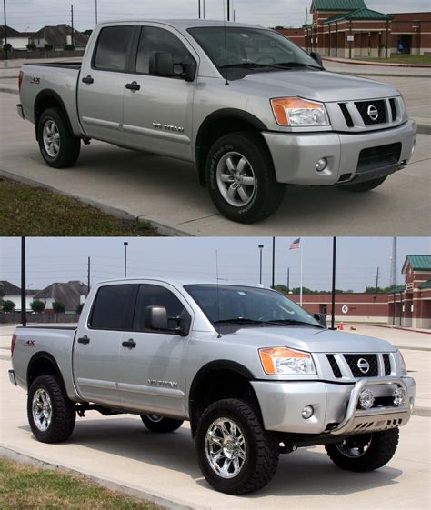 Nissan titan leveling kit before and after. My buddy got me a 2.5" leveling kit from TopGunsCustomz, it just came in today. Ill be putting it on in the next day or two. ill post before and after pics. Can't wait to see what it looks like!! 