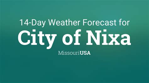  Nixa, MO. As of 4:55 am CDT. 57°. Mostly Cloudy. Day 75° • Night 51°. Flood Warning +2 More. Severe Storm Risk. There is a possible risk of severe weather today. Nixa, MO Forecast.... . 