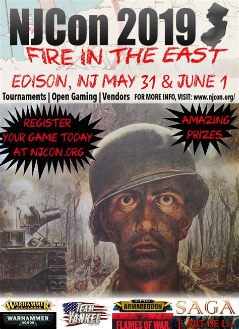 Mar 6, 2017 · Registration for Fire In The East – NJCON 9, June 9th & 10th, is now OPEN!! Attendee registration will remain open until June 4th. Gamemaster registration will remain open until June 1st. (Of course, these dates are subject to change based upon table availability and the number of pre-registered attendees.) Building on our system from last year: . 