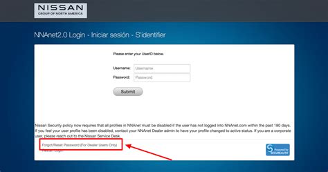Please enter your UserID below. Username: Password: Forgot/Reset Password (For Salesforce and Dealer Users Only) Restart Login. Nissan Help Desk: 800-514-8061.. 
