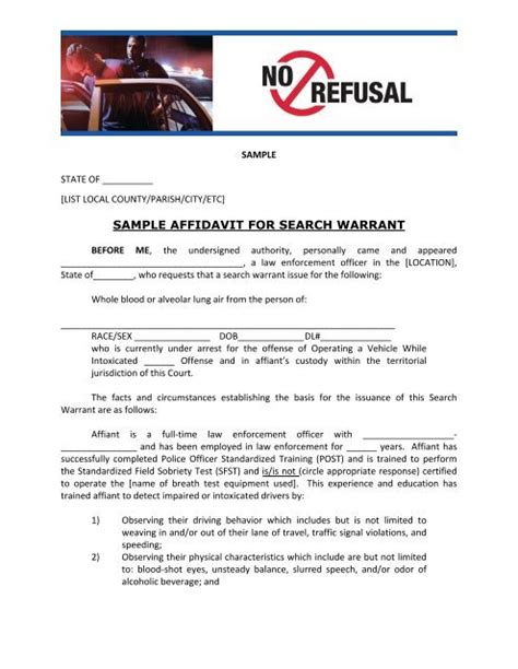 No Refusal Sample Affidavit for Search Warrant