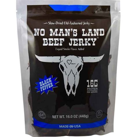 No mans land beef jerky. Beef Jerky, Liquid Smoke Added, Mild. Slow-dried old-fashioned jerky. 17 g protein per serving. Per Serving: 0 g trans fat; 1 g total sugar; 2 g total carbs; no artificial flavors; no added MSG (except that which occurs naturally in the soy sauce). US inspected and passed by Department of Agriculture. There's a small portion of land located in ... 