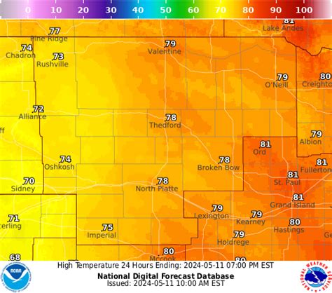 North Platte NE Today Sunny High: 76 °F Tonight Mostly Clear Low: 44 °F Tuesday Chance Sprinkles High: 68 °F Tuesday Night Chance Showers Low: 45 °F Wednesday Partly Sunny High: 68 °F Wednesday Night Mostly Cloudy . 