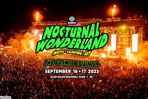 Nocturnal rave. Nocturnal Wonderland returns to Glen Helen Park in San Bernardino, California September 17th and 18th. 2022 is the year Insomniac is celebrating 27 beautiful years under the night sky. Nocturnal Wonderland made it’s first debut in 1995, forever changing the rave scene in California. 