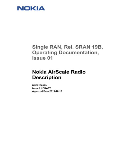 Nokia apaf. .  Operating documentation for Nokia AirScale Radio, part of Single RAN BTS...