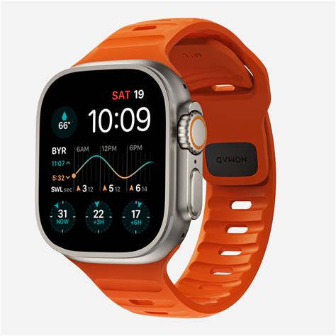 Nomad apple watch bands. PVD treatment for silver color. Technical. Resist a 5-20 kgf lateral slide-out force when installed in Apple Watch. Devices. Compatible with Apple Watch 49mm, 45mm, 44mm, and 42mm (Ultra & Ultra 2, Series 1-9, and SE) Band is one size fits most, designed for wrist sizes ranging from 150mm to 210mm. 81mm length (buckle side) and 118mm length ... 