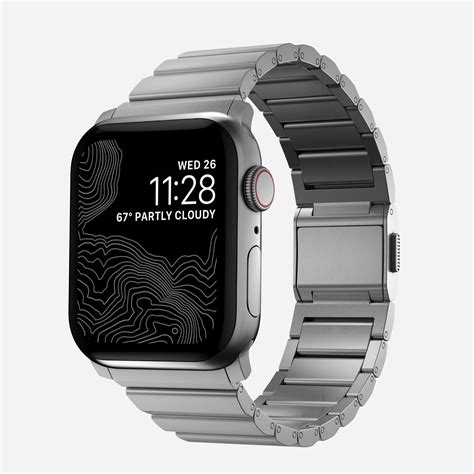 Nomad watch bands. Aluminum closure pin. Technical. Waterproof. Resists a 5-20 kgf lateral slide-out force when installed in Apple Watch. Devices. Compatible with Apple Watch 49mm, 45mm, 44mm, and 42mm (Ultra & Ultra 2, Series 1-9, and SE) Band is one size fits most, designed for wrist sizes ranging from 150mm to 200mm. 