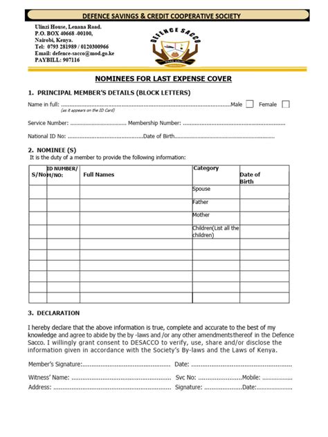 Nominees For Last Expense Cover Form PDF