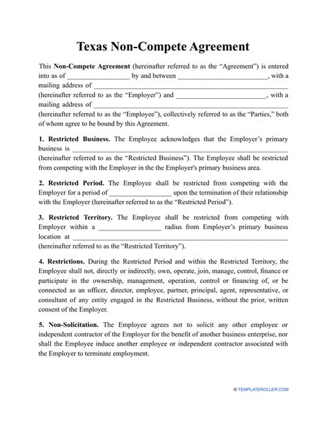 Non Compete Agreement Texas Example Template 1 Resume Examples 