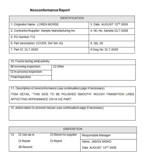 Non Conformance Report Form Template Sample Design Templates