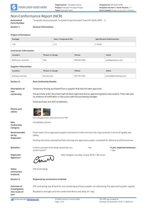 Non Conformance Report Latter Example Template