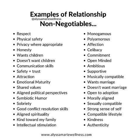 Non negotiables in a relationship. Your non-negotiables for health, happiness, success, relationships, and fulfilment define your path in life, help you prioritize your goals, and attract what you want out of life. For instance ... 