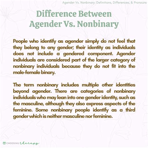 Nonbinary vs agender. Jun 22, 2021 · Genderqueer can also mean “queering” genders, expressing them non-normatively. Non-Binary – Enbys have a gender identity that don’t fit the male-female binary. They may identify as agender, genderfluid, bigender, intergender, androgyne, among other identities. Non-binary individuals may use any pronouns, though it is fairly common to ... 