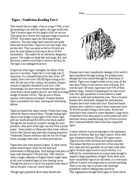 Nonfiction Reading Test 2 Tigers PDF Tiger Poaching