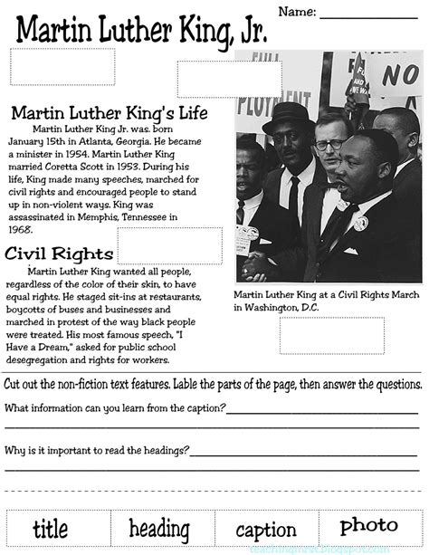 Nonfiction Text Features Martin Luther King Jr Worksheet Education Com