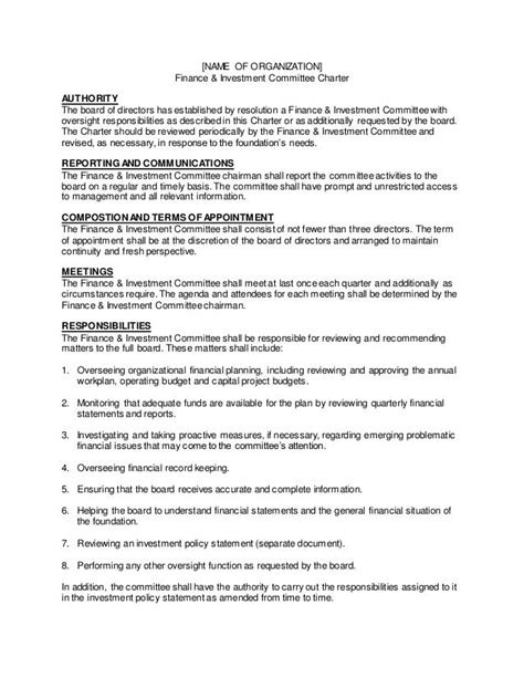 Nonprofit finance committee charter. serving as chair of this committee. 4. A member of the committee should be designated to take minutes at all committee meetings. A copy of these minutes should be archived in accordance with established church policy. 5. The Pastor and a member of the staff designated by the pastor will be non-voting, ex-officio members of the Finance Committee. 6. 