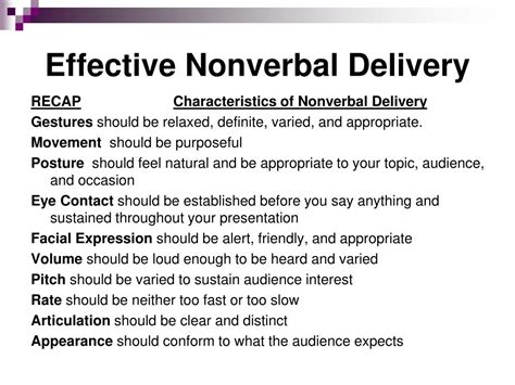 Nov 23, 2020 · 11.2: Types of Nonverbal Communication. Nonverbal communication can be categorized into eight types: space, time, physical characteristics, body movements, touch, paralanguage, artifacts, and environment. 11.3: Movement in Your Speech. To use movement strategically in your presentation, keep it natural and consider using the speaker’s ... . 