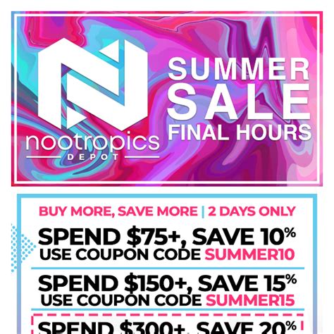 Nootropics Depot Coupon Code: Get an Extra 10% Off Store-wide at Nootropicsdepot.com w/Coupon Code. View more details. 100% Success GET CODE 82 Used Today 10% Off DEAL 10% Discount on Any Order 10% Off w/ nootropicsdepot.com Code 100% Success GET DEAL 170 Used Today 5% Off COUPON 5% off Promo Code 5% Off 100% Success GET CODE 45 Used Today DEAL. 