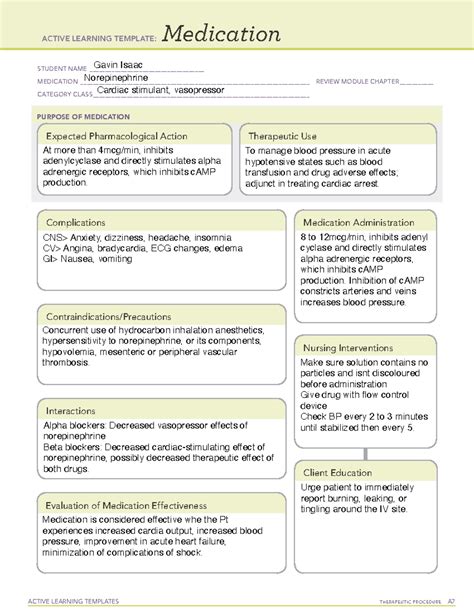 Norepinephrine Ati Medication Template