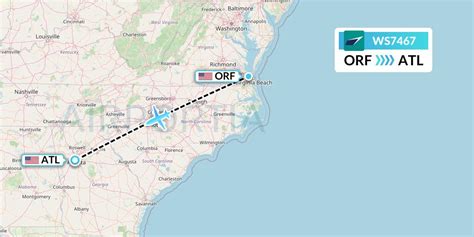 All flight schedules from Norfolk International , Virginia , USA to Hartsfield–Jackson Atlanta International Airport , Georgia , USA . This route is operated by 2 airline (s), and the flight time is 2 hours and 08 minutes. The distance is 518 miles. . 