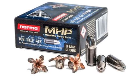 Norma Personal Defense 9 mm Ammo 108 Grain Monolithic Hollow Point ammo review offers the following information;The Norma Monolithic Hollow Point (MHP) is an all copper bullet with massive expansion and great stopping power.It is designed to reliably feed into all pistol and carbine chambers and is calibrated for consistent devastating terminal performance, regardless of barrel length.. 