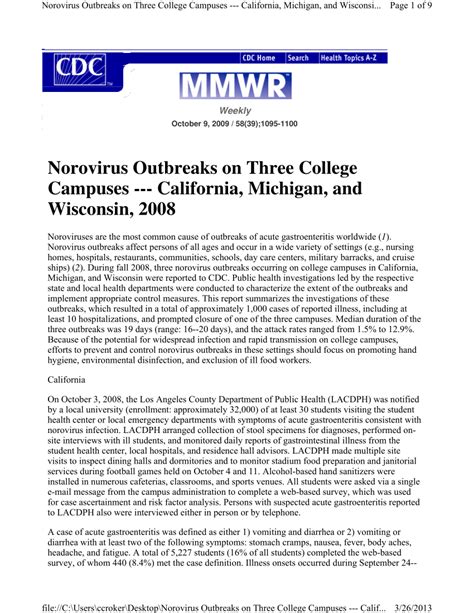 Norovirus Outbreaks on Three College Campuses --- California, …