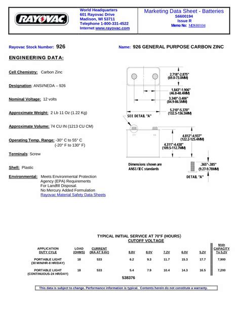 North American Headquarters Marketing Data Sheet - Batteries