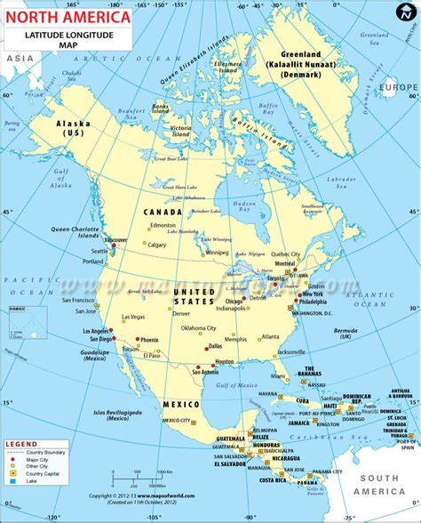 North America Latitude & Longitude Map. The North America continent lies between latitude ...