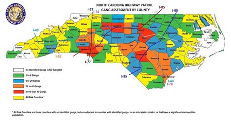 North carolina gang map. The higher the number, the greater the gang risk. Gang risk is usually associated with the following regional characteristics: increasing gang presence over the last several years. existence of gangs already in region. number of single-parent families, and. high proportions of youth and young adults. The average index is 7.0. 