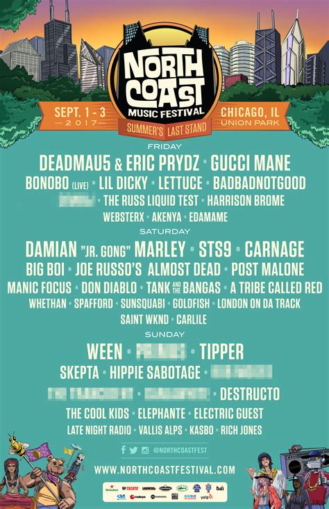North coast.music.festival. North Coast Music Festival Announces 2017 Lineup: deadmau5 & Eric Prydz, Gucci Mane, Bonobo & More. It's all going down in Chicago's beautiful Union Park, and it's Labor Day Weekend, so you don't ... 