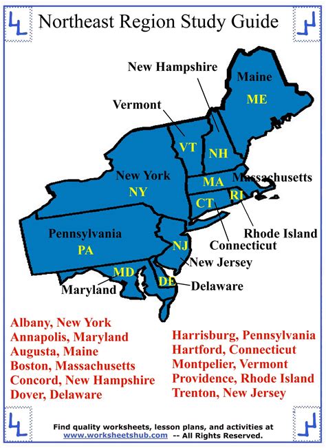 Northeastern region states and capitals. Description. This is a quiz of the states and capitals of the Northeast Region. It includes a study guide of a filled in map, and a blank map to use as the quiz. 2 pages. This is a quiz of the states and capitals of the Northeast Region. 