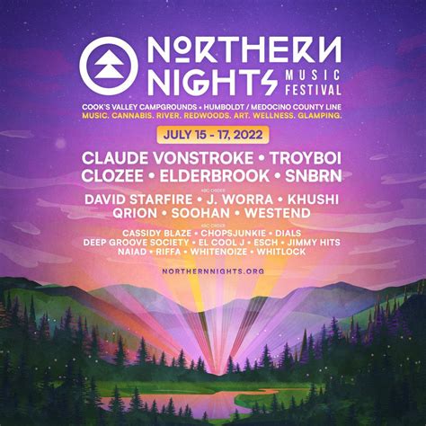 Northern nights music festival. Northern Nights Music Festival 2024. July 19-21 – People from all over the West Coast & beyond will converge upon one of the world’s most breathtaking open-air venues to enjoy a 3-day weekend of camping, music, art, food, yoga, and floating the river! Tucked along the Eel River just a few hours north of San Francisco, Northern Nights offers ... 