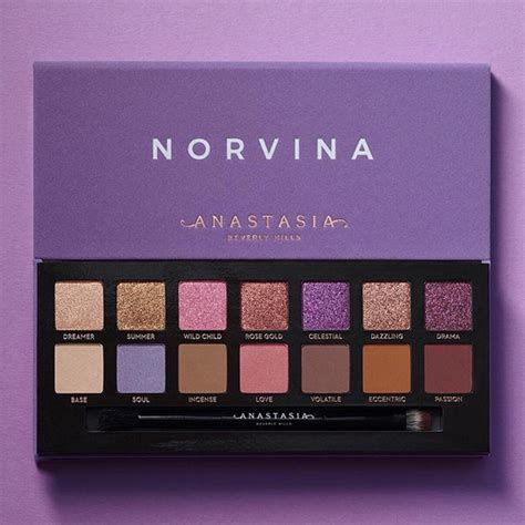 Norvina palette. It will be called the Norvina palette, with a release date in mid-July, and Anastasia Beverly Hills posted a few images online. The case for the palette is purple as are a few of the shadows. 