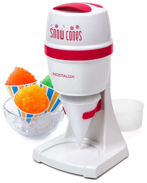  Retro Snow Cone Maker. $59.99. Quantity. Add to cart. PARTY PLEASER: Holds enough snow for approximately 20 (8 oz.) snow cones, making this perfect for birthday parties and other big events! NOSTALGIA SNOW CONE KITS: Unit works perfectly with all Nostalgia snow cone kits - try the Snow Cone Kit (SCK3), Snow Cone Syrups (SCS160), or the Straws ... . 