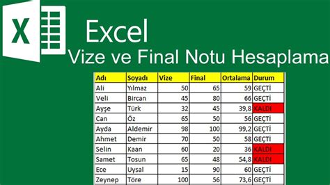Not hesaplama excel