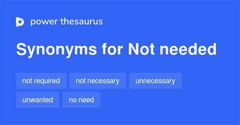 Not needed thesaurus. unnecessary: 1 adj not necessary Synonyms: unneeded inessential , unessential not basic or fundamental excess , extra , redundant , spare , supererogatory , superfluous , supernumerary , surplus more than is needed, desired, or required gratuitous , needless , uncalled-for unnecessary and unwarranted inessential not absolutely necessary spare ... 