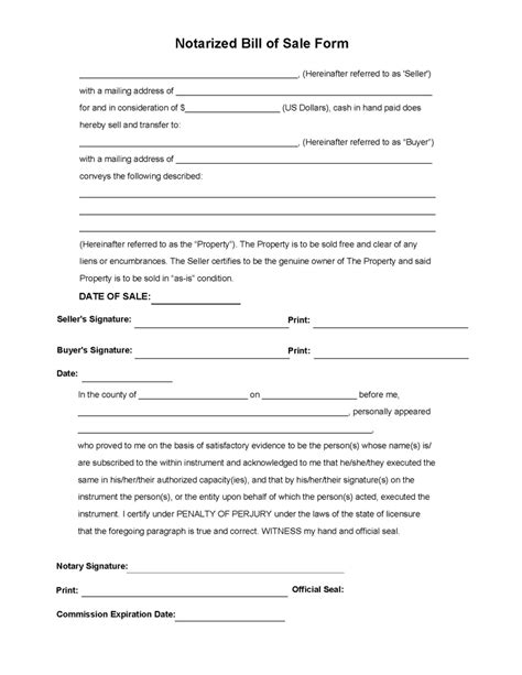 Notarized Bill of Sale Form Template in Printable PDF