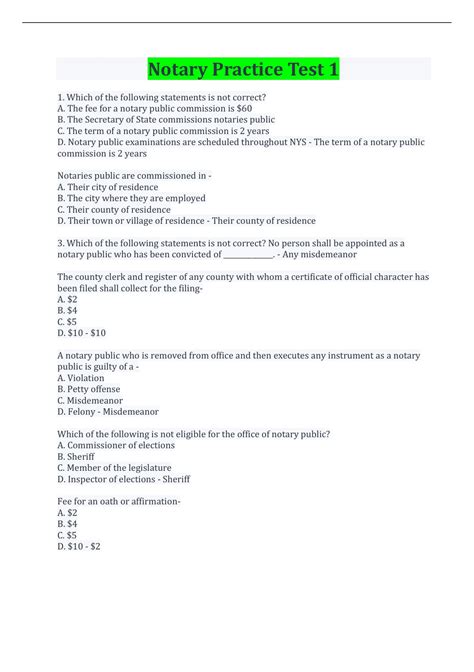Notary Practice Test 1 Exam Questions And Answers With Complete