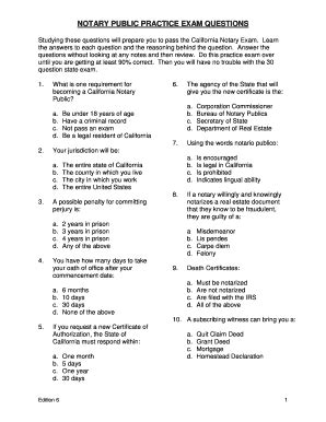 Notary exam practice test. This article highlights a few sample notary test questions that you might find on one of our exams. Sample Notary Exam Question #1 Notary Public who is not a licensed attorney holds office for: 3 Years; Life; 5 Years; Until a New Governor Takes Office; The answer is C: 5 Years (Ohio Revised Code Section 147.03) Sample Notary Exam Question #2 ... 