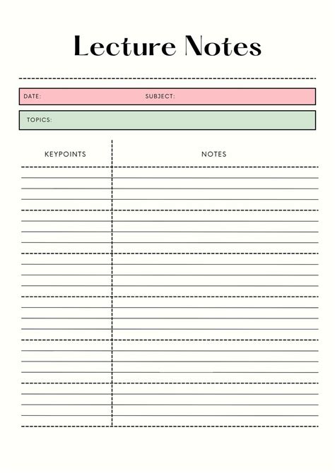 Note Taking Template Word Lecture notes, Notes template, Note template