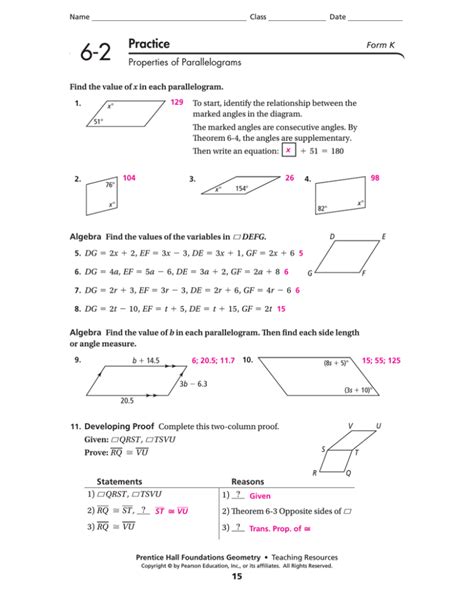 Notes 6-2 properties of parallelograms. parallelograms. 1. Given 2. ∠CDA ≅ ∠B, ∠EDG ≅ ∠F 2. If a quadrilateral is a parallelogram, then its opposite angles are congruent. 3. ∠CDA ≅ ∠EDG 3. Vertical Angles Congruence Theorem (Thm. 2.6) 4. ∠B ≅ ∠F 4. Transitive Property of Congruence (Thm. 2.2) MMonitoring Progressonitoring Progress Help in English and Spanish ... 