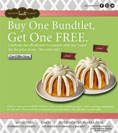 Nothing bundt cake promo. SHOP NOW JOIN OUR ECLUB! Receive exclusive offers, new flavor announcements and a free Bundtlet on your birthday! JOIN NOW Find the latest promo codes and coupons for Nothing Bundt Cakes as of October 2023. 
